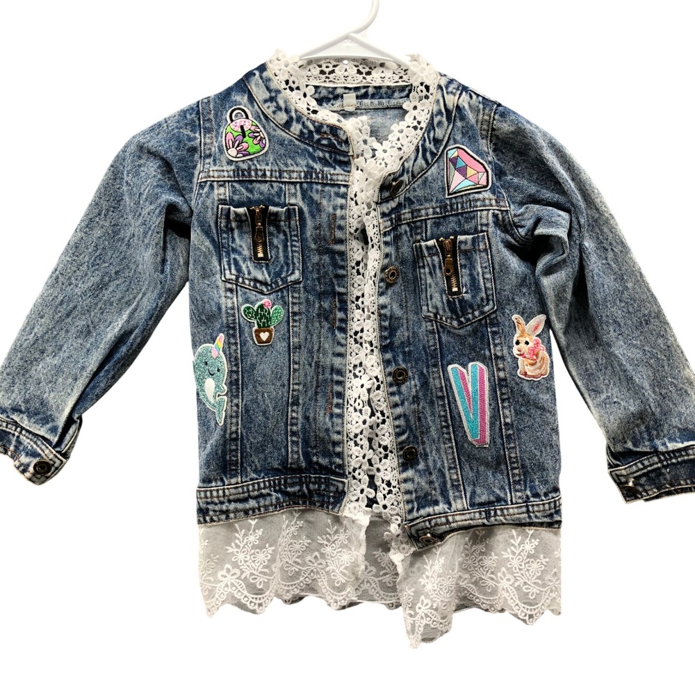 Girls 4T-5T (110) Embroidered Denim Jacket Blue Lace Trim Snap Button